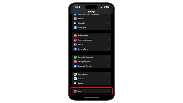 Settings menu on a smartphone with 'Apps' highlighted at the bottom.