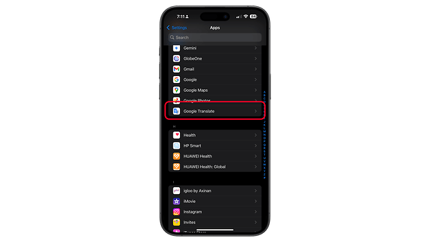 Settings menu on a smartphone showing the Google Translate app highlighted.