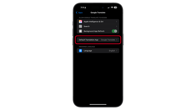 Settings screen showing 'Default Translation App' option with 'Google Translate' selected.