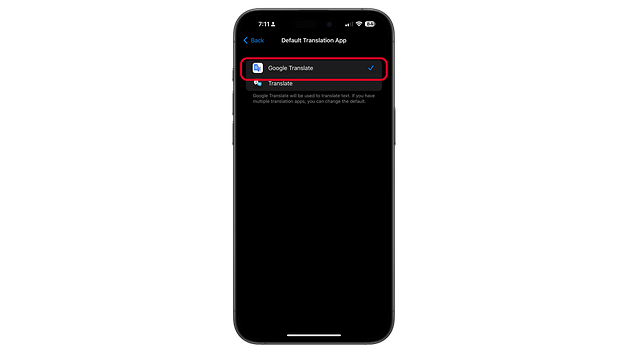 Settings screen showing 'Google Translate' selected as the default translation app.