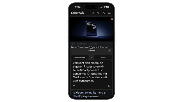 A smartphone displaying a translation feature with text in German and English.