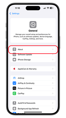 Apple iPhone 15 Pro Max showing the About section in the settings