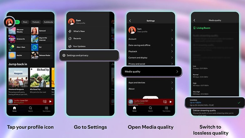 Spotify app interface showing profile and settings for media quality options. Spotify app interface showing profile and settings for media quality options.