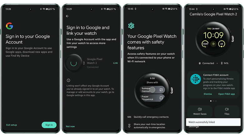 Screenshots zur Verbindung zwischen der Pixel Watch und einem Android-Smartphone