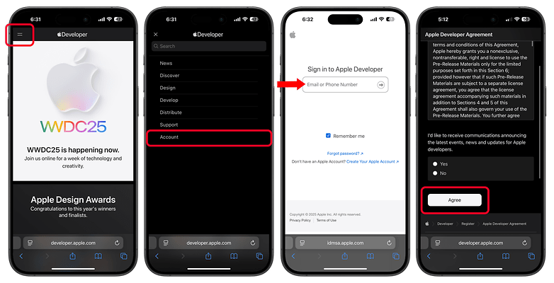 Screenshots of the Apple Developer website, showing account login and agreement process. Screenshots of the Apple Developer website, showing account login and agreement process.