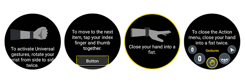 Capture d'écran montrant les différents gestes universels possibles sur une Samsung Galaxy Watch