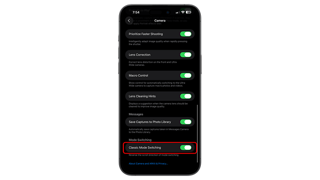 iPhone screen showing camera settings with 'Classic Mode Switching' option highlighted.