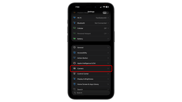 Settings menu on an iPhone displaying the Camera option highlighted.