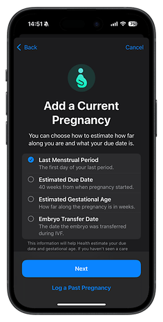 Interface of the Apple Health app for adding a current pregnancy, with options for menstrual period and due date.