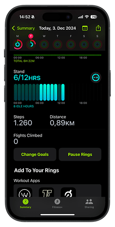 Activity rings summary showing stand, steps, and distance for today, December 3, 2024.