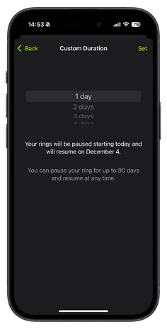 Opções de duração personalizada para pausar os Anéis de Atividade em um iPhone.