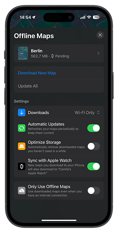 Settings screen for Offline Maps in watchOS 11, showing options for downloads and sync with Apple Watch.