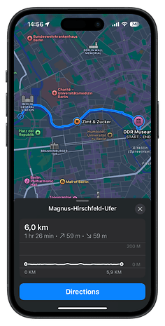 Map displaying directions to Magnus-Hirschfeld-Ufer with estimated time and distance.