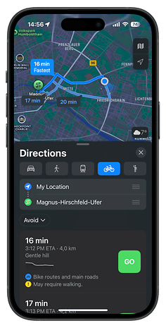 A smartphone displaying directions to Magnus-Hirschfeld-Ufer, showing travel time and distance.