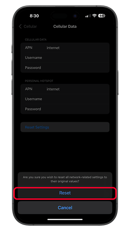 Resetting an APN or cellular data network on an iPhone