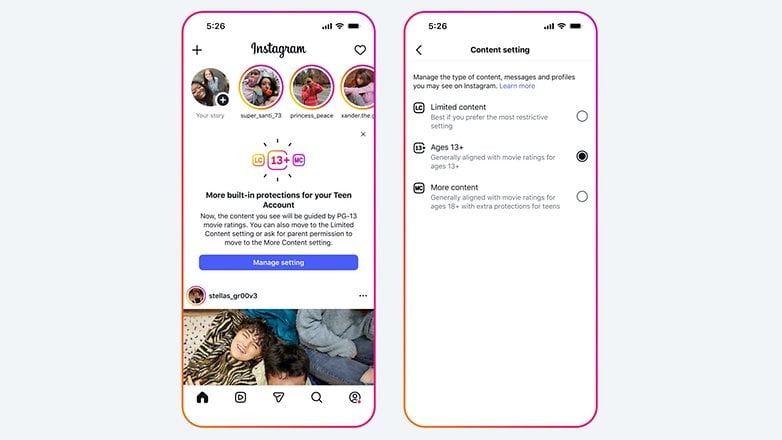 Instagram interface showing content settings for teen accounts with options for age restrictions. Instagram interface showing content settings for teen accounts with options for age restrictions.