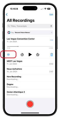 iPhone screen displaying voice recordings list with audio wave symbol.