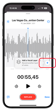 Recording interface on a phone showing audio waveform and option to add a vocal layer.