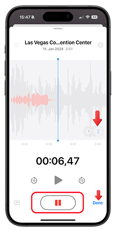 Layered recording interface on a smartphone displaying audio waveform and control buttons.