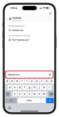 Uma tela de smartphone exibindo uma barra de pesquisa do Facebook com a URL facebook.com e um teclado abaixo.