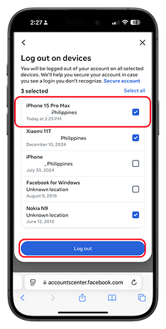 Tela de logout no Facebook mostrando dispositivos selecionados e um botão 'Sair'.