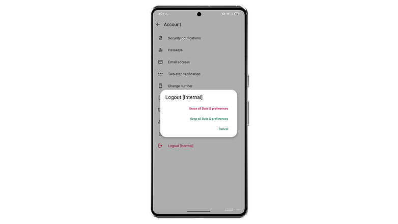 Account settings on a mobile screen with a logout confirmation dialog. Account settings on a mobile screen with a logout confirmation dialog.