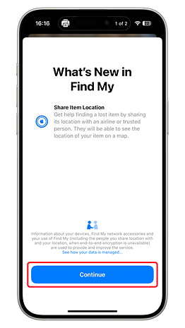 Écran de l'application Find My d'Apple montrant le partage de localisation et un bouton Continuer.
