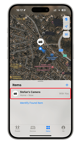 A smartphone screen displaying a map with 'Stefan's Camera' listed as an item.