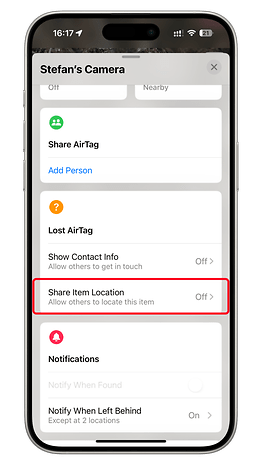 Settings for sharing location of an AirTag on an iPhone screen.