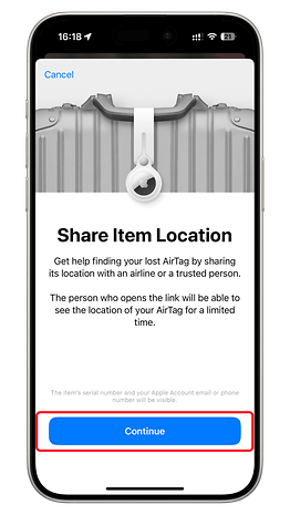 An iPhone screen showing 'Share Item Location' for an Apple AirTag with a 'Continue' button.