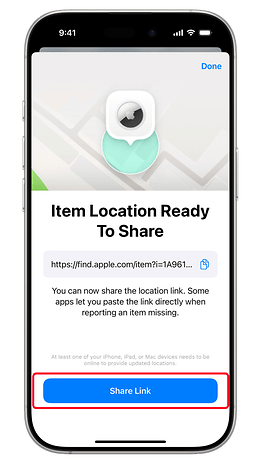 Screen showing item location ready to share with a 'Share Link' button.