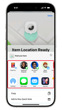 iPhone screen displaying 'Item Location Ready' with options for sharing and finding an iPad Pro.