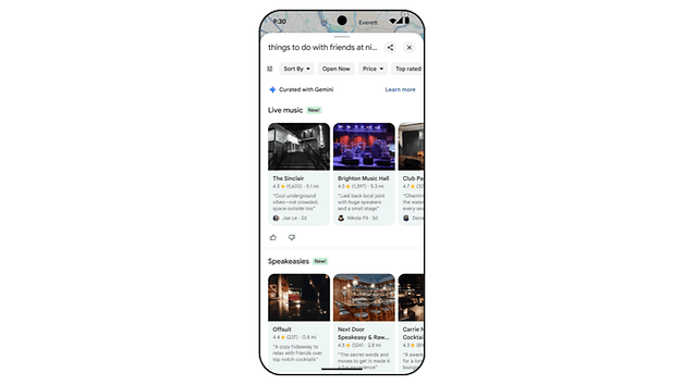 Screenshot of a mobile app showing curated events by Gemini, including live music and speakeasies.