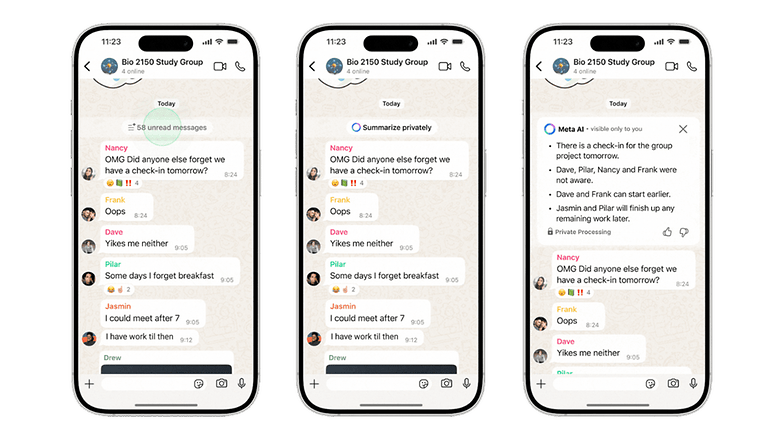 WhatsApp chat showing messages from a study group titled 'Bio 2150 Study Group' with multiple participants discussing check-ins. WhatsApp chat showing messages from a study group titled 'Bio 2150 Study Group' with multiple participants discussing check-ins.