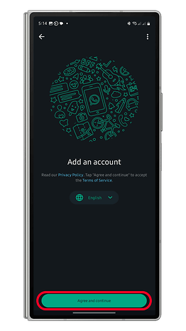 WhatsApp account setup screen with 'Add an account' prompt and 'Agree and continue' button.