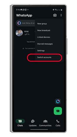 WhatsApp interface showing options including 'Switch accounts' in a menu.