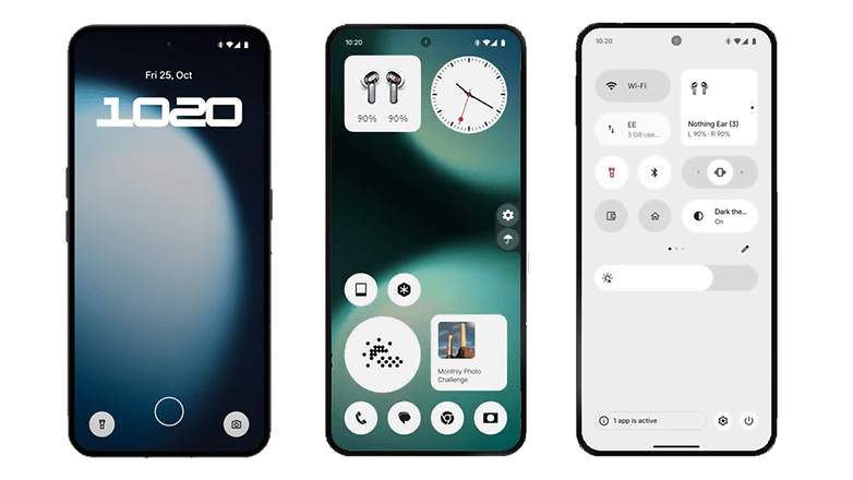 Three smartphone screens showing Nothing OS 4.0 interface with time, battery, and app icons. Three smartphone screens showing Nothing OS 4.0 interface with time, battery, and app icons.