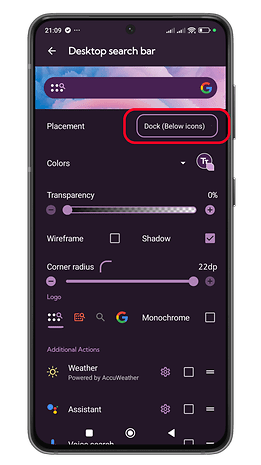 Menu de configurações para personalização da barra de pesquisa do Android.