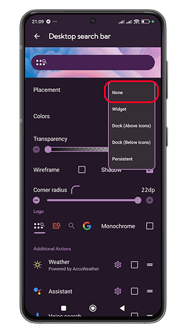 Android settings menu with options for desktop search bar placement and transparency adjustments.