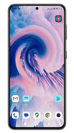 A smartphone displaying a colorful abstract wallpaper with app icons at the bottom.