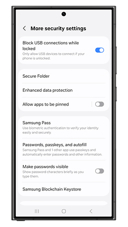 Menu de configurações de segurança no One UI 7 com opções para bloqueio de USB e Samsung Pass.