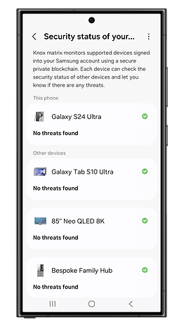 Tela de status de segurança One UI 7 da Samsung mostrando dispositivos conectados sem ameaças.