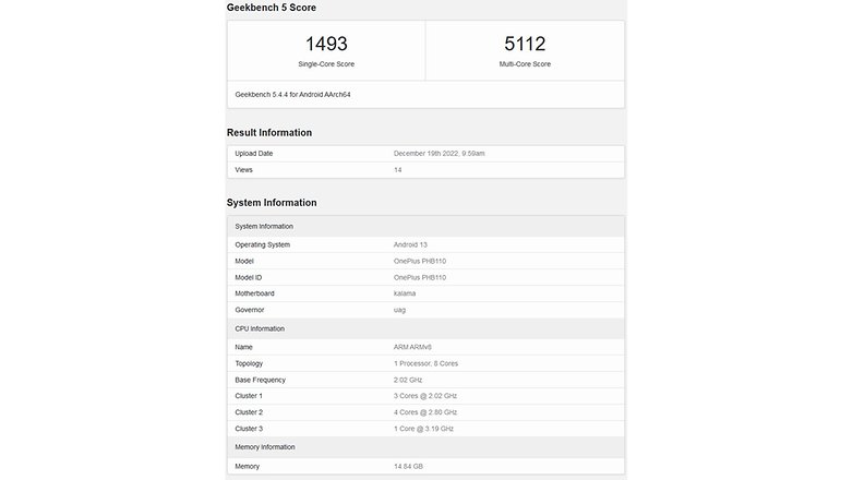 Geekbench database entry of the OnePlus 11