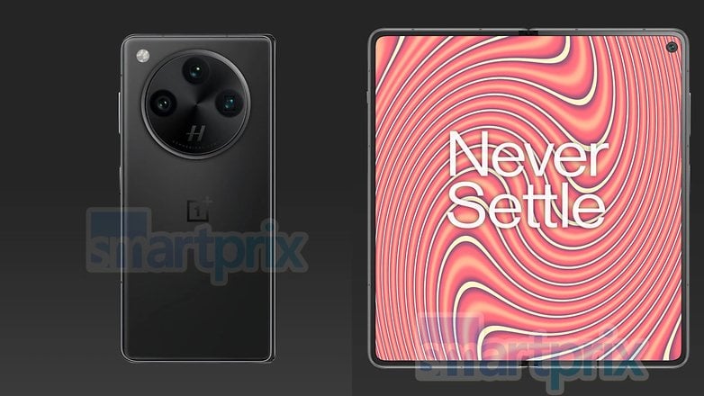 OnePlus Open 2 Smartphone mit Rückansicht und Anzeige mit dem Text 'Never Settle'.