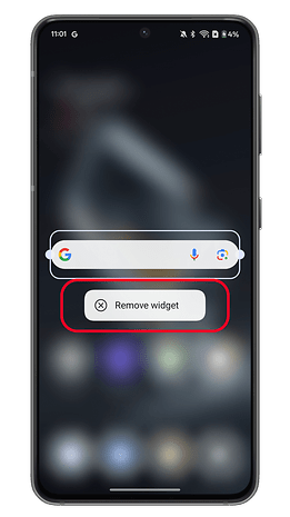 Android smartphone screen displaying a Google search bar and a 'Remove widget' button.