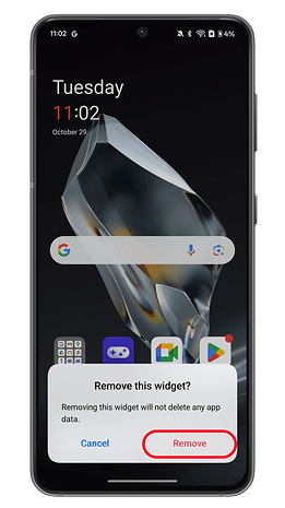 Bildschirm eines Android-Smartphones zeigt eine Aufforderung zum Entfernen eines Widgets.