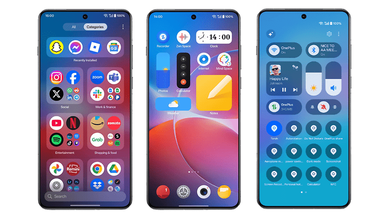 Three smartphones displaying app interfaces and settings from OnePlus. Three smartphones displaying app interfaces and settings from OnePlus.