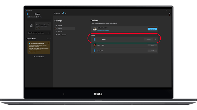 Uma tela de laptop Dell exibindo as configurações do Phone Link para conectar dispositivos, com um iPhone selecionado.