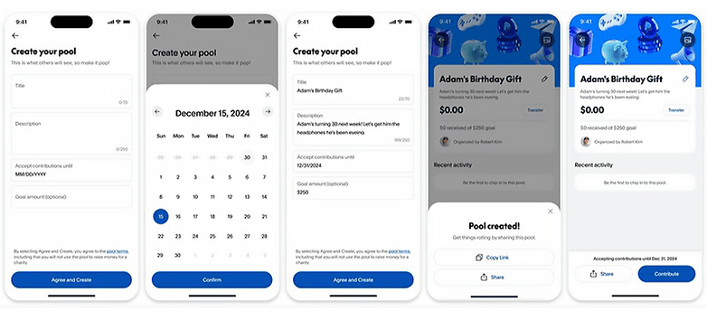 Screenshots of a PayPal app interface for creating a fundraising pool for a birthday gift.