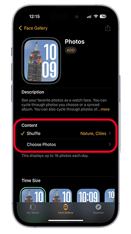 Apple Watch Face Gallery settings showing photo options and categories.